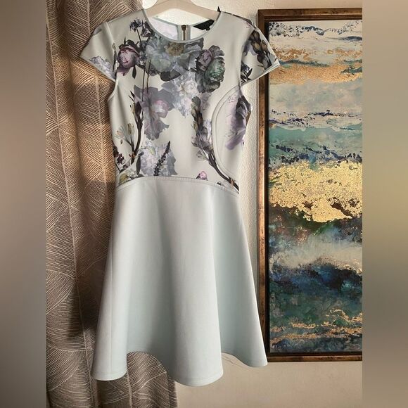 Ted Baker London Skater Dress Sage Green Floral Cap Sleeve Size 1 US 2-4 - Picture 4 of 16